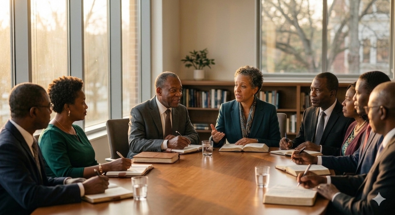 Church leaders in a structured governance discussion — the kind of transformation Jethro Academy equips leaders for