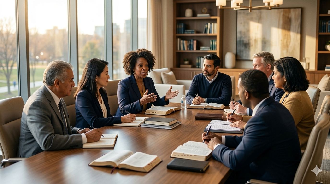 Diverse church leaders and pastors in a leadership governance meeting at Jethro Academy